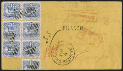 3c Ultramarine (114). Block of seven, cancelled by segmented cork, ...