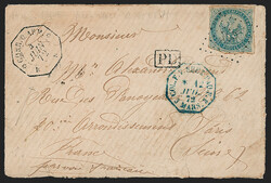 French Colonies, Used in Cambodia, Kompong Trabec, 1865, 20c Blue on ...