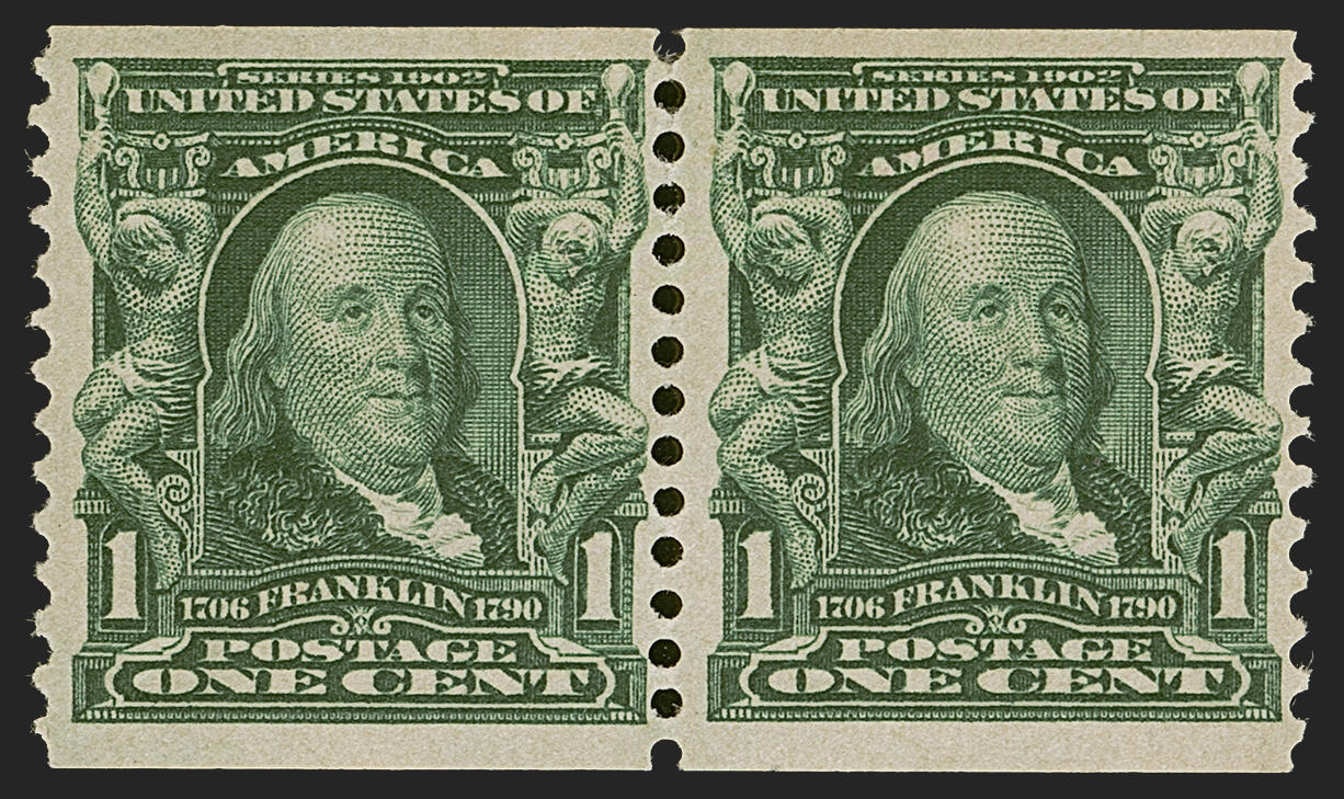 1c Blue Green, Horizontal Coil (318). Pair, lightly hinged, dark ...