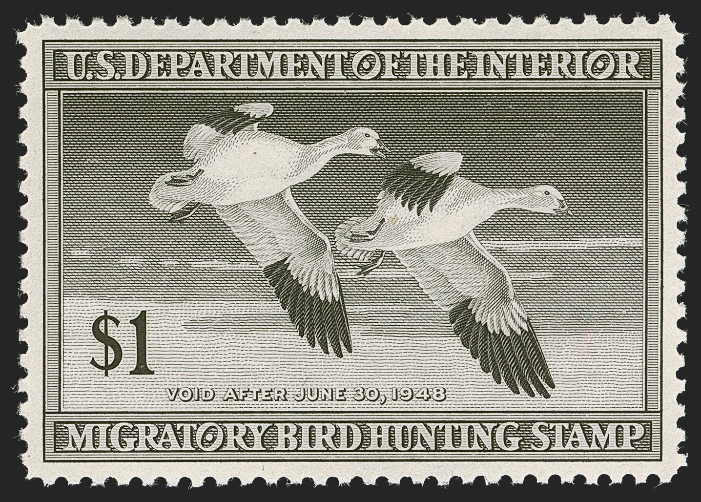 $1.00 Black, 1947 Hunting Permit (RW14). Mint N.H., detailed ...