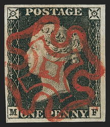 Great Britain, 1840, 1p Black (1; SG 2). Plate 1a, lettered M-F, ...