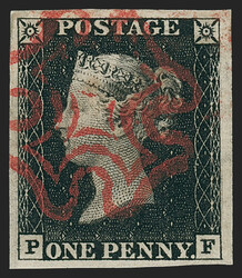 Great Britain, 1840, 1p Black (1; SG 2). Plate 1b, lettered P-F, ...