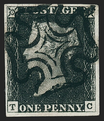 Great Britain, 1840, 1p Black (1; SG 2). Plate 1b, lettered T-C, ...