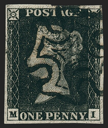 Great Britain, 1840, 1p Black (1; SG 2). Plate 4, lettered M-I, large ...