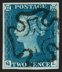 Great Britain, 1840, 2p Blue (2; SG 5). Plate 1, lettered Q-L, large ...