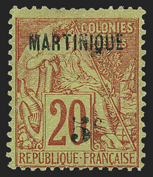 Martinique, 1886, 5c on 20c Red on Yellow Green (2; Yvert 1B). ...