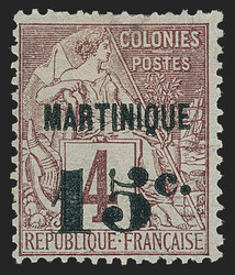 Martinique, 1888, 15c on 4c Claret on Lavender (17; Yvert 15). Unused ...
