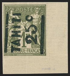 Tahiti, 1884, 25c on 1fr Bronze Green on Straw, Surcharge Reading Up ...
