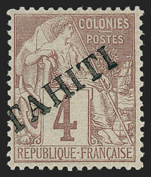 Tahiti, 1893, 4c Claret on Lavender (7; Yvert 9). Original gum, ...