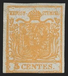 Austria, Lombardy Venetia, 1850, 5c Orange, Hand-Made Paper (1c; ...