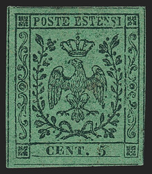Italian States, Modena, 1852, 5c Black on Green (1; Sassone 1). ...