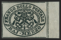 Italian States, Roman States, 1852, ½b Black on Gray (1c; Sassone 1) ...