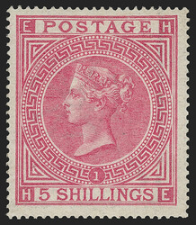 Great Britain, 1867, 5sh Rose (57; SG 126). Plate 1, lettered H-E, ...