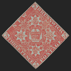 New Brunswick, 1851, 3p Red (1; SG 1). Large part original gum, full ...