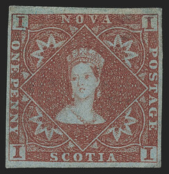 Nova Scotia, 1853, 1p Red Brown (1; SG 1). Original gum with brownish ...