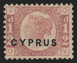 Cyprus, 1880, 1/2pi Rose (1; SG 1). Plate 19, lettered Q-V, traces of ...