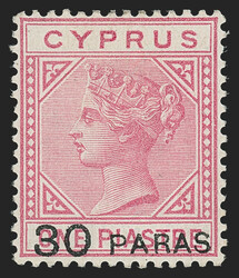 Cyprus, 1882, 30pa on 1pi Rose (17; SG 24). Original gum, fresh color ...