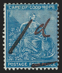 Griqualand West, 1874, 1p on 4p Blue (1; SG 1). Original gum, h.r., ...