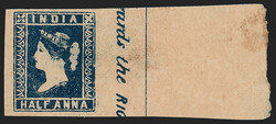 India, 1854, ½a Indigo, Die II (2D; SG 7). Huge sheet margin at ...