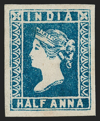 India, 1854, ½a Blue, Die III (2E; SG 8a). Stone "D", without gum as ...