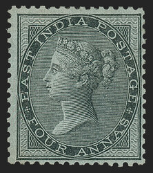 India, 1855, 4a Black on Blue Glazed Paper (9; SG 35). Original gum, ...