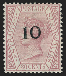 Straits Settlements, 1880, 10c on 30c Claret, Type "f" (23; SG 35). ...