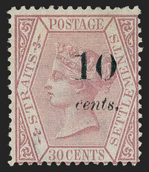 Straits Settlements, 1880, 10c on 30c Claret, Type "e" (26; SG 22). ...