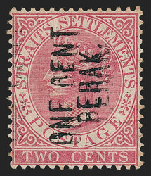 Malaya, Perak, 1883, 1c on 2c Rose, Double Overprint (14b; SG 26a). ...