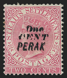 Malaya, Perak, 1887, 1c on 2c Rose, Double Surcharge (20b; SG 33a). ...