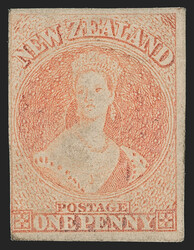 New Zealand, 1858, 1p Orange, Hard Paper (7; SG 8). Unused (no gum), ...