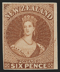 New Zealand, 1859, 6p Brown, Soft Paper (9; SG 13). Small sheet ...