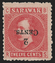 Sarawak, 1899, 2c on 12c Red on Rose, Inverted Surcharge (33a; SG ...