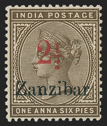 Zanzibar, 1896, 21/2a on 1a6p Bister Brown, Inverted "1" in "1/2" ...