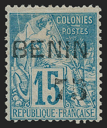 Benin, 1892, 75c on 15c Blue, Black Surcharge (19; Yvert 17). Large ...