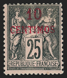 French Morocco, 1891, 10c on 25c Black on Rose Error (3b; Yvert 5A). ...