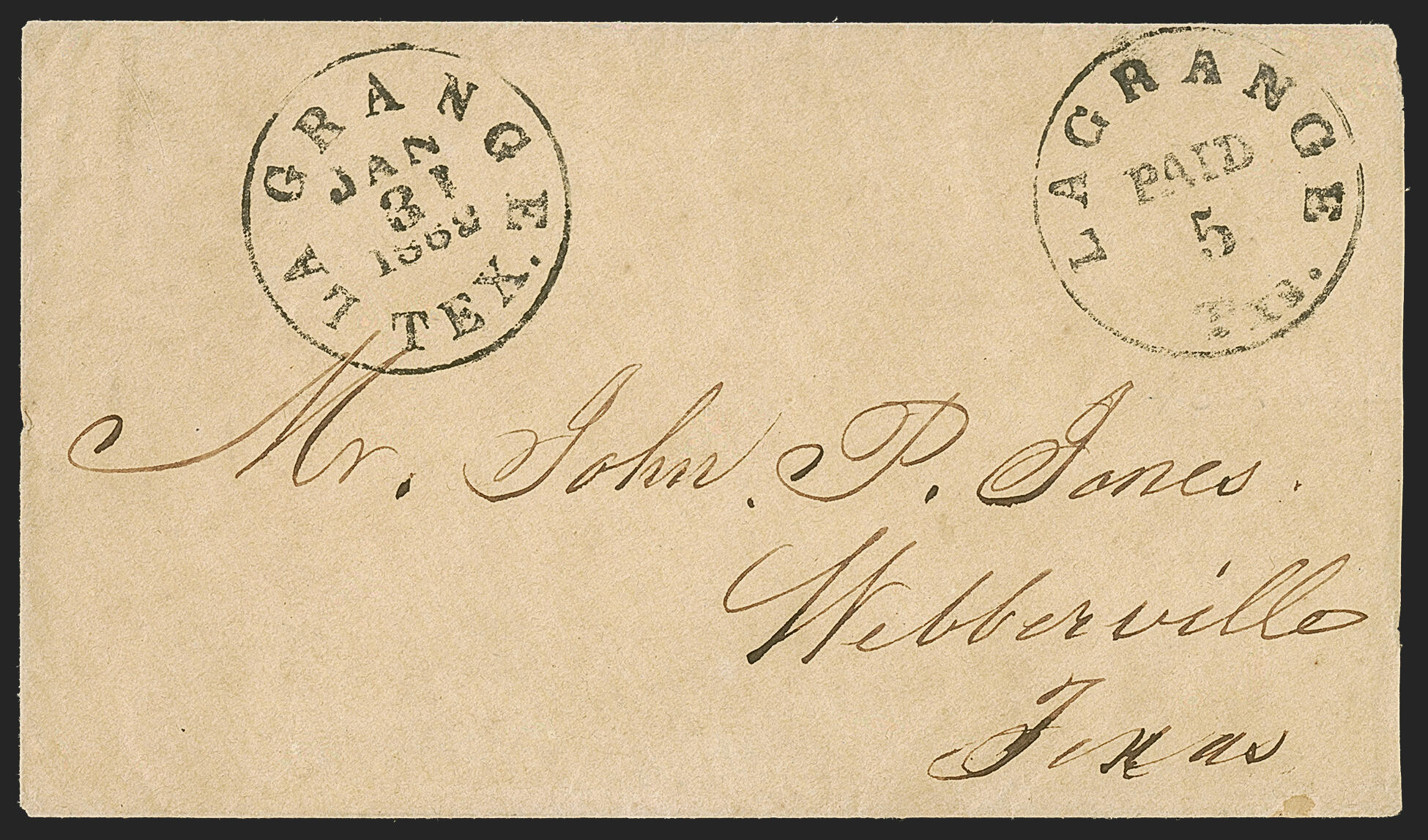 La Grange Tex., 5c Black entire (48XU1). Perfect strikes of ...