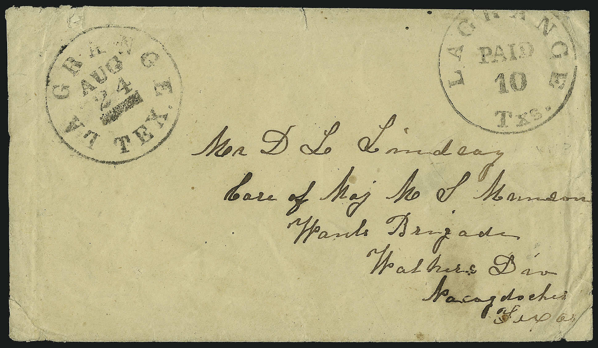 La Grange Tex., 10c Black entire (48XU2). Clearly struck provisional ...