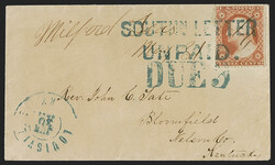 SOUTHN. LETTER UNPAID. Blue two-line handstamp and "DUE 3" ...