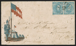 5c Blue, Local (7). Horizontal pair, cancelled by partly clear strike ...