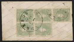 2c Green (3). Block of five, large margins to clear, affixed to back ...