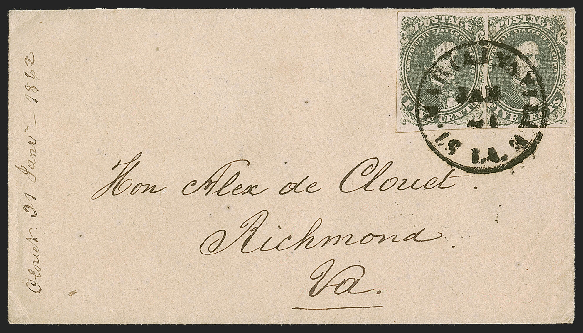 5c Olive Green, Stone A-B (1c). Two singles, large margins, affixed ...