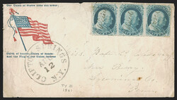 1c Blue, Ty. II (20). Horizontal strip of three from top row of Plate ...