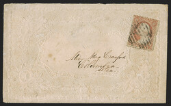 3c Dull Red, Ty. III (26). Cancelled by grid on embossed Valentine to ...