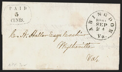 Abingdon Va., 5c Black entire (2XU2). Clear strike of provisional ...