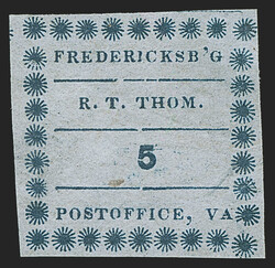 Fredericksburg Va., 5c Blue on Thin Bluish (26X1). Unused (no gum), ...