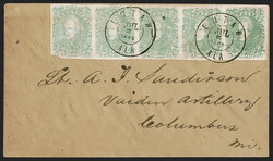 2c Green (3). Horizontal strip of five, light pencil markings erased, ...