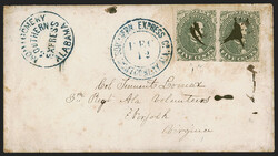 5c Olive Green, Stone A-B (1c). Horizontal pair, large margins to ...