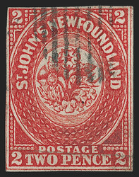 Newfoundland, 1857, 2p Scarlet Vermilion (2; SG 2). Uncommonly large ...