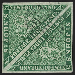 Newfoundland, 1857, 3p Green (3; SG 3). Square pair with Dies I and ...