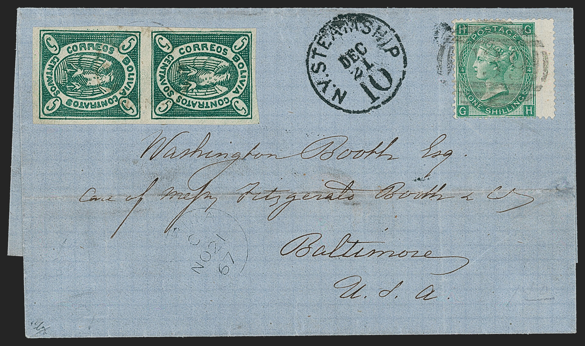 Great Britain, Used in Bolivia — Cobija, 1867, 1sh Green (A10; SG ...